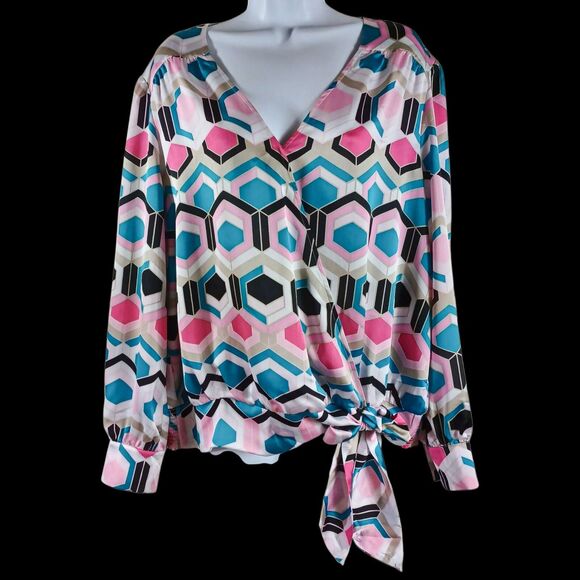 NWT INC Sz XL Geometric Wrap Blouse | Hexagon Print Tie Waist Mod Pop Preppy Top - Picture 2 of 9